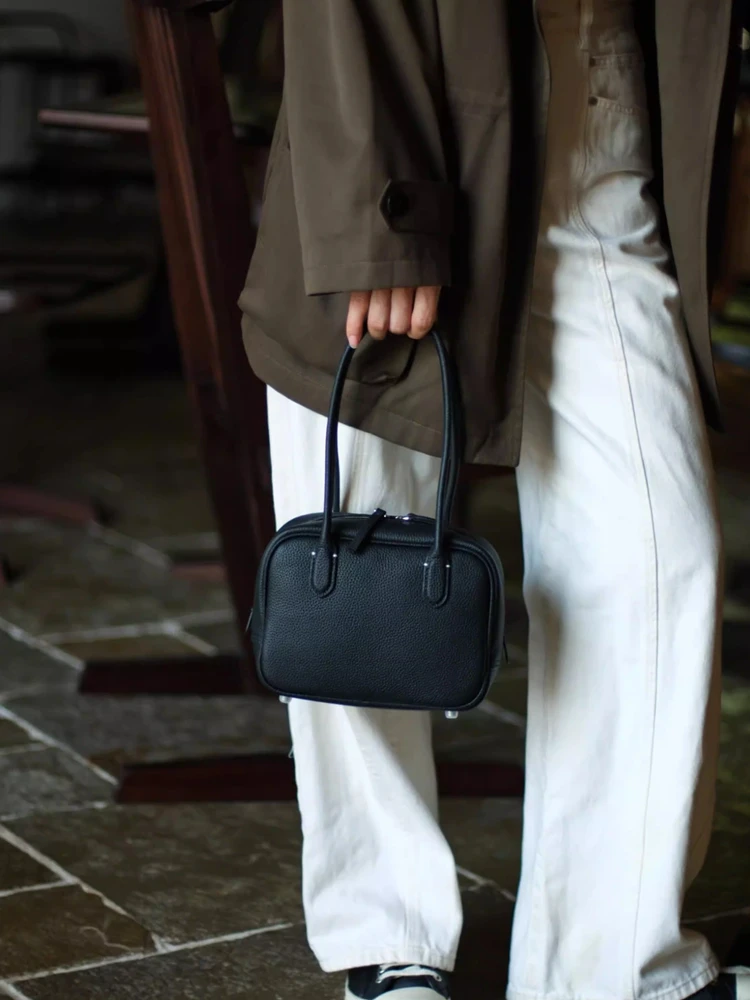 New Fashion Niche Simple Box Bag Genuine Leather Women Bag\Handbag Real Leather Tote Underarm Shoulder Bag Small