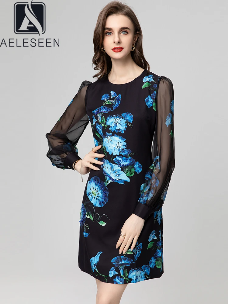 

AELESEEN Designer Fashion Mini Dress Women Spring Summer Lantern Sleeve Blue Flower Print Mesh Patchwork Beading Sequined Mini