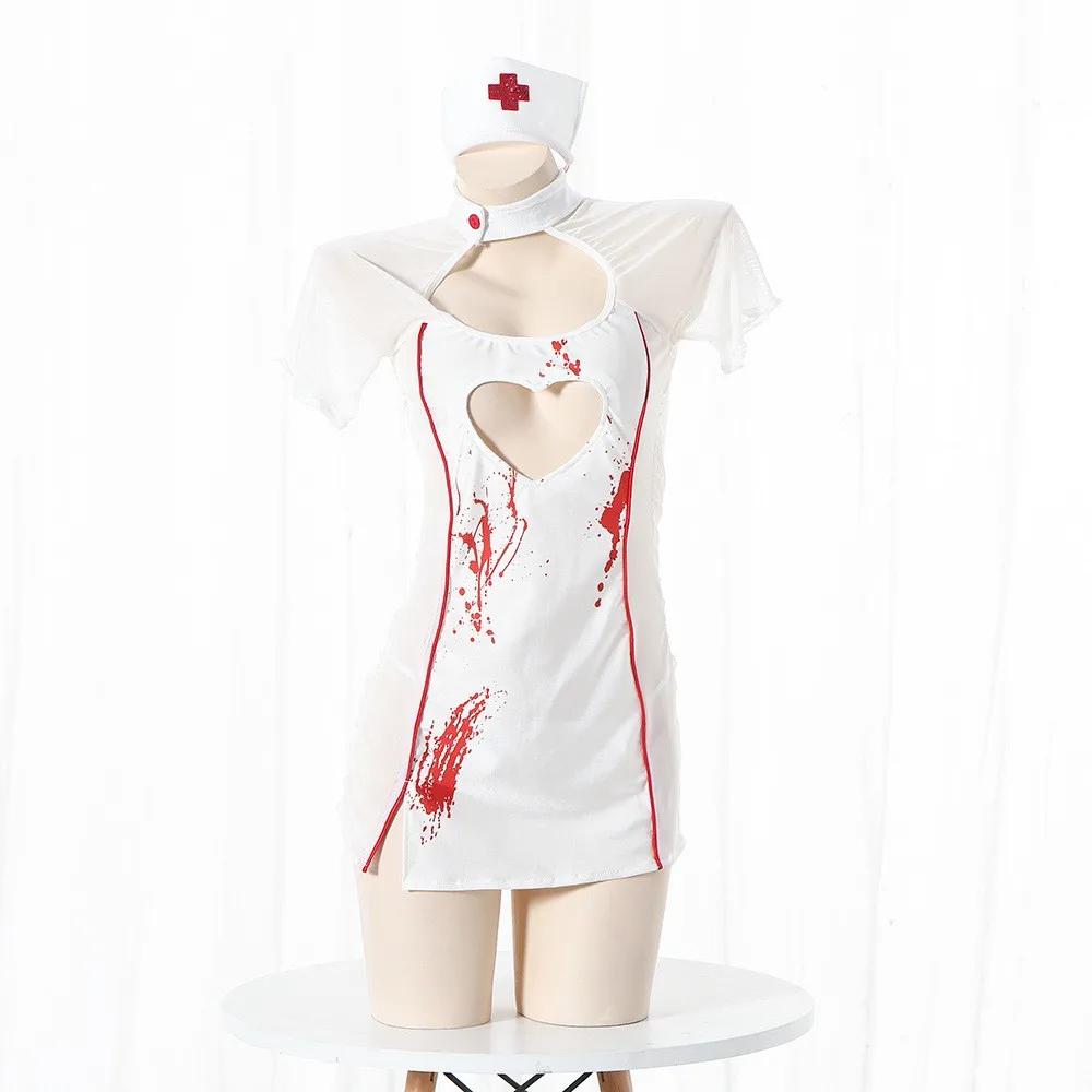 Halloween Scary Nurse Dress Sexy Hollow Out Sheer Night Dress Women Ruched Nightwear Cosplay Short Sleeve Sexuality Pajamas