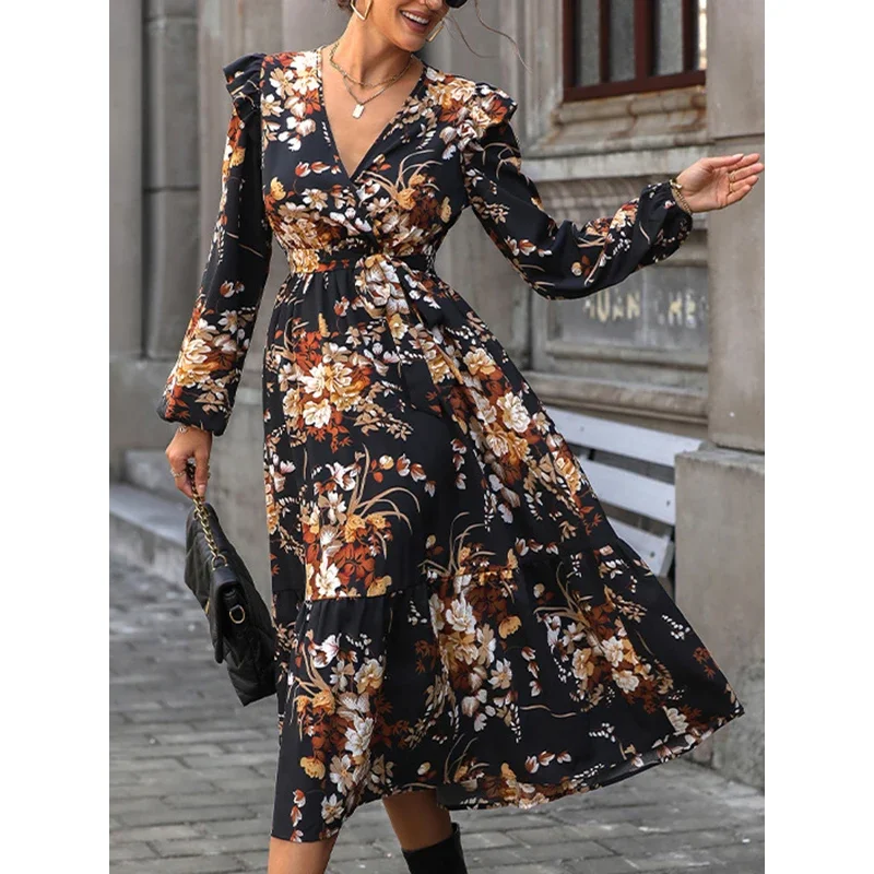 Jennifer Flower Print Dresses 2024 Casual Pleated Split-Joint Tied Waist Loose Puff Sleeves V-Neck Shirt Dress Midi Dresses