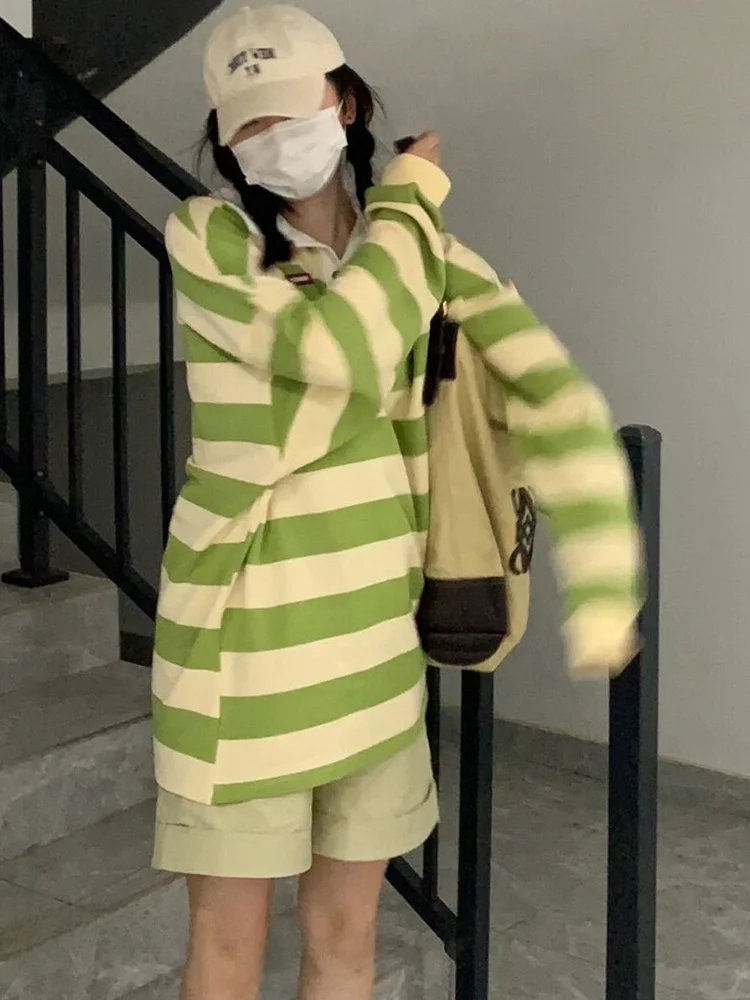 سترة نسائية كبيرة الحجم للربيع والخريف بياقة بولو رفيعة 2025 سترة فضفاضة جديدة على الطراز الأمريكي للطلاب #5