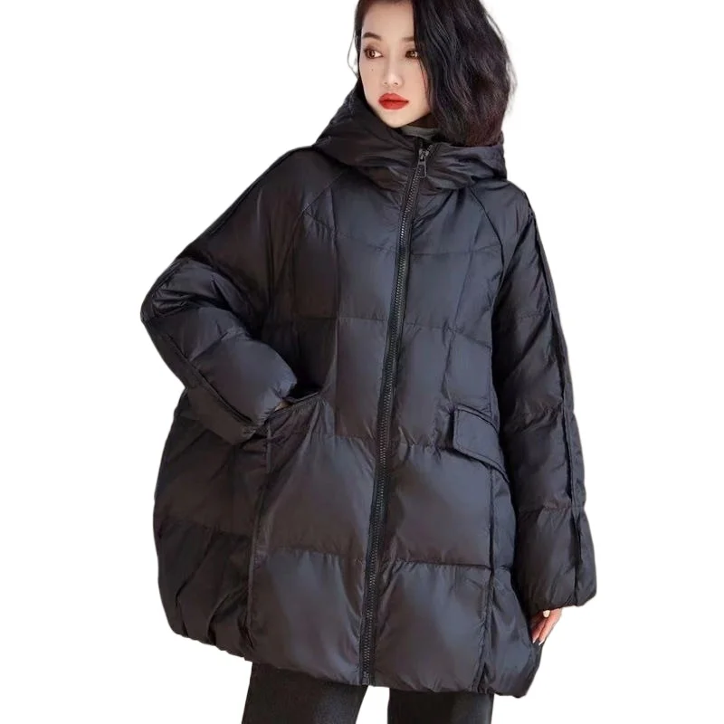 Women's Autumn and Winter Fashion High Street Loose Warm Women's Large Size White Duck Down Loose Medium and Long Hooded Jacket