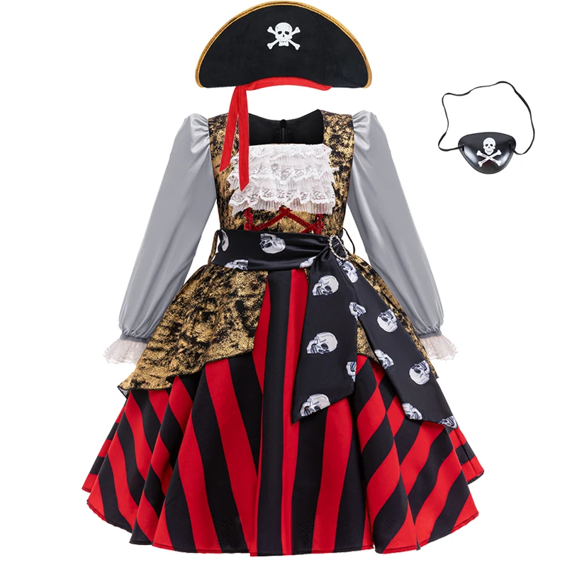 Children's Halloween Pirate Cosplay Costume 2024 New Girls Fashion Color Block Lace Skirt Carnival Birthday Stage Costume