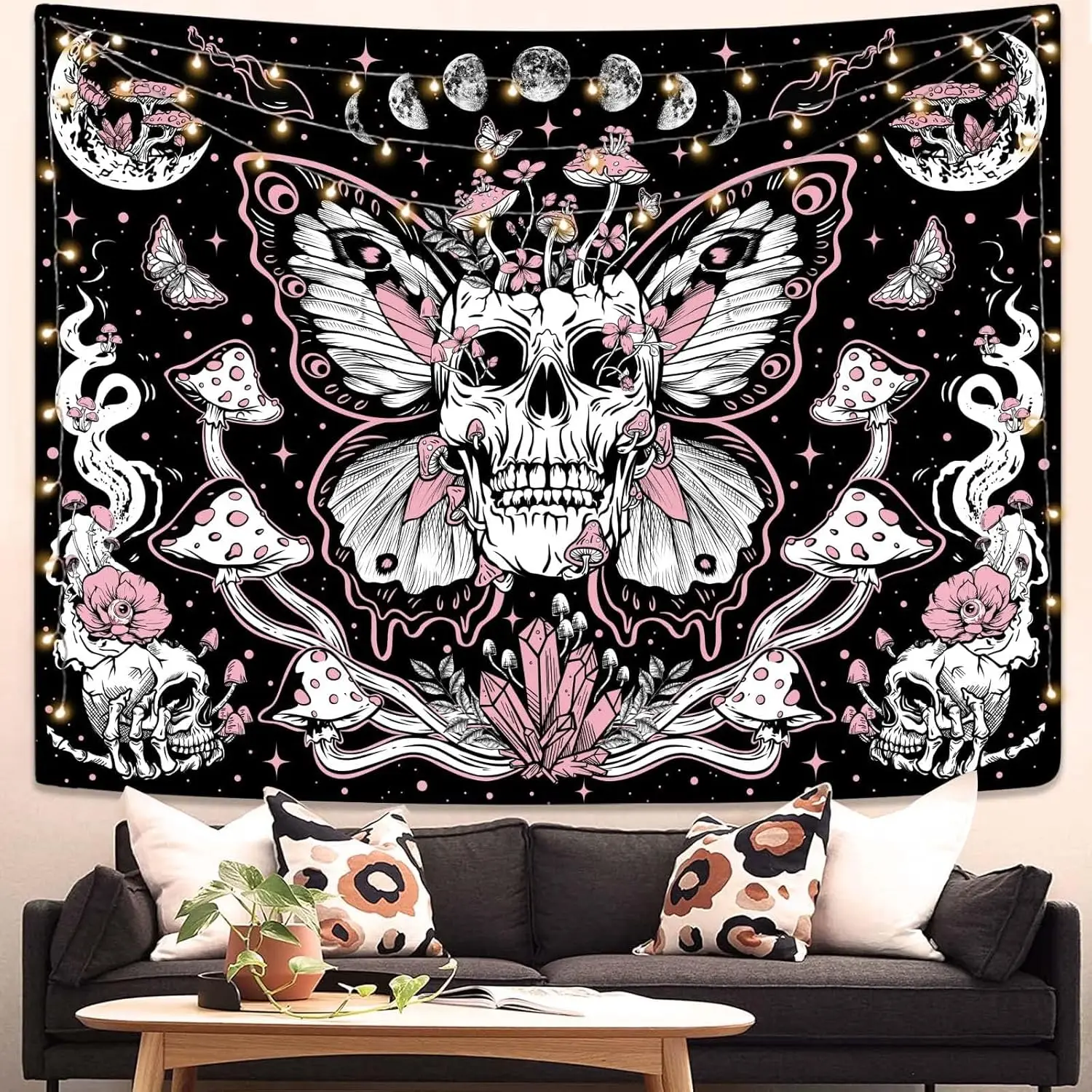 

kampdream Skull Floral Tapestry, Mushroom Skeleton Goth Garden Aesthetic Tapestries for Bedroom (36.00" × 48.00", Black Pink)