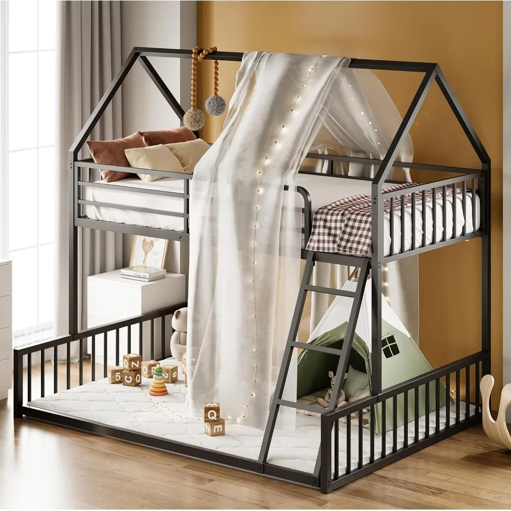 

Bunk Bed Twin Over Full Size, House Bunk Bed Frame with Ladder and Guardrail, House Shaped with Metal Slats Support No B