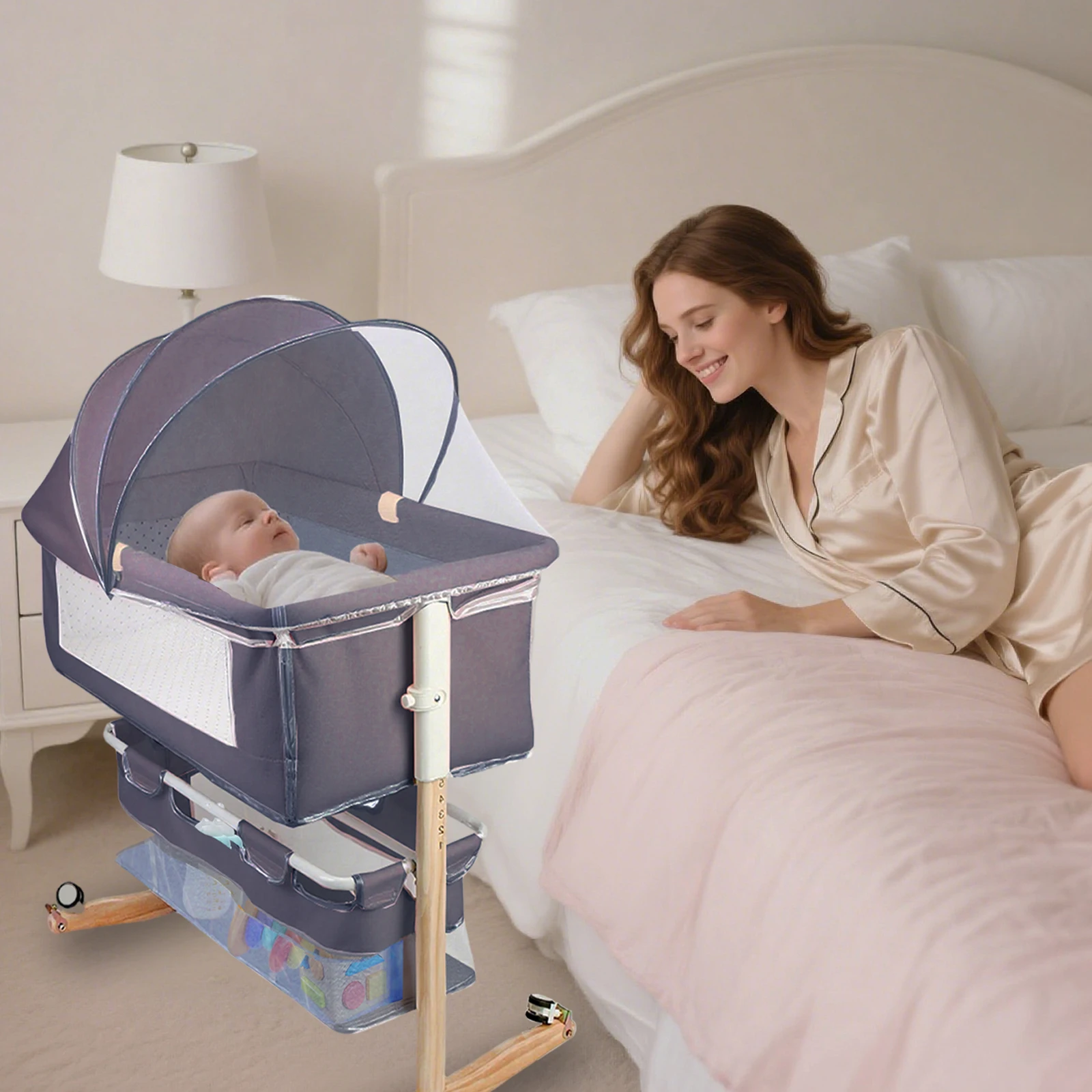 Cuna de bebé multifuncional con mosquitera, cama de guardería plegable con ajuste de altura, portátil de viaje para recién nacidos, niños y niñas