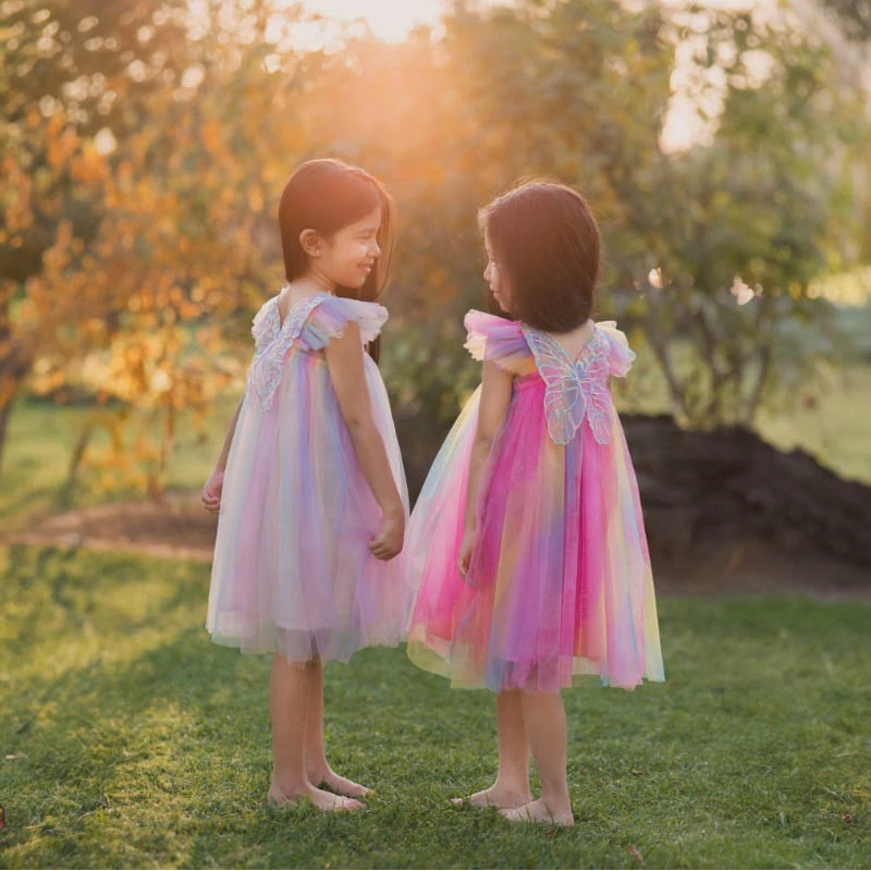 Toddler Baby Summer Princess Dress Kid Mesh Lace Sweet Rainbow Dress Sleeveless 3D Angel Wings Fairy Dress Children Clothes