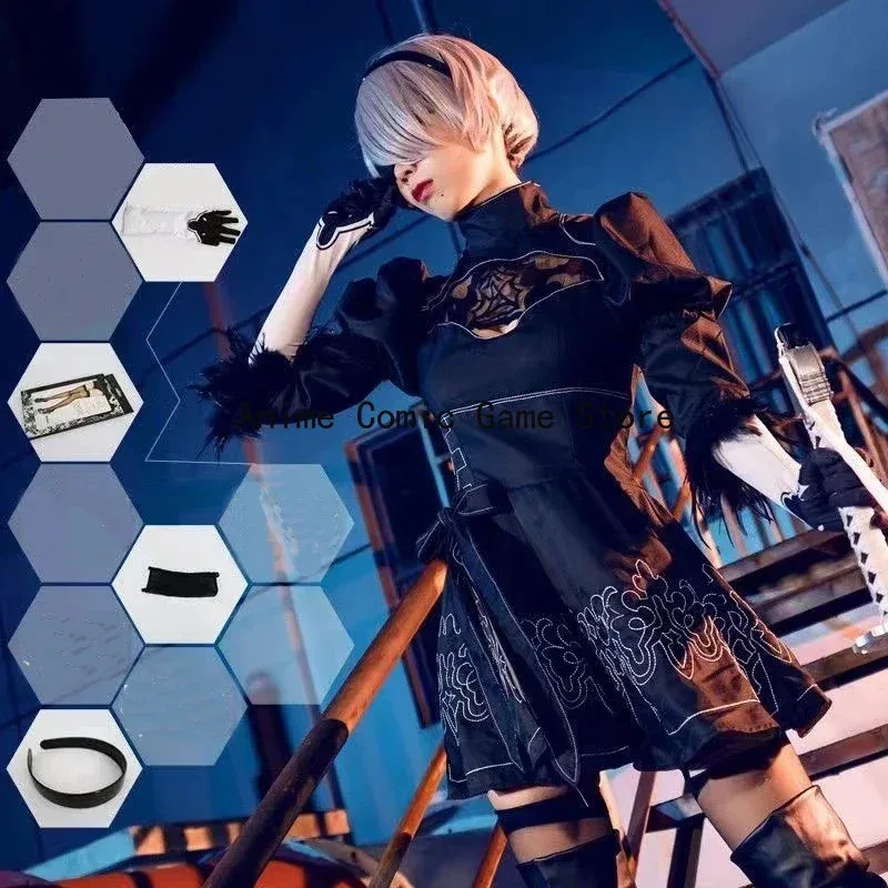 

In Stock S-2XL 2B NieR:Automata Cosplay Costume Wig Eye Mask Actress Sexy Gothic Black Dress Halloween Party Outfits for Women