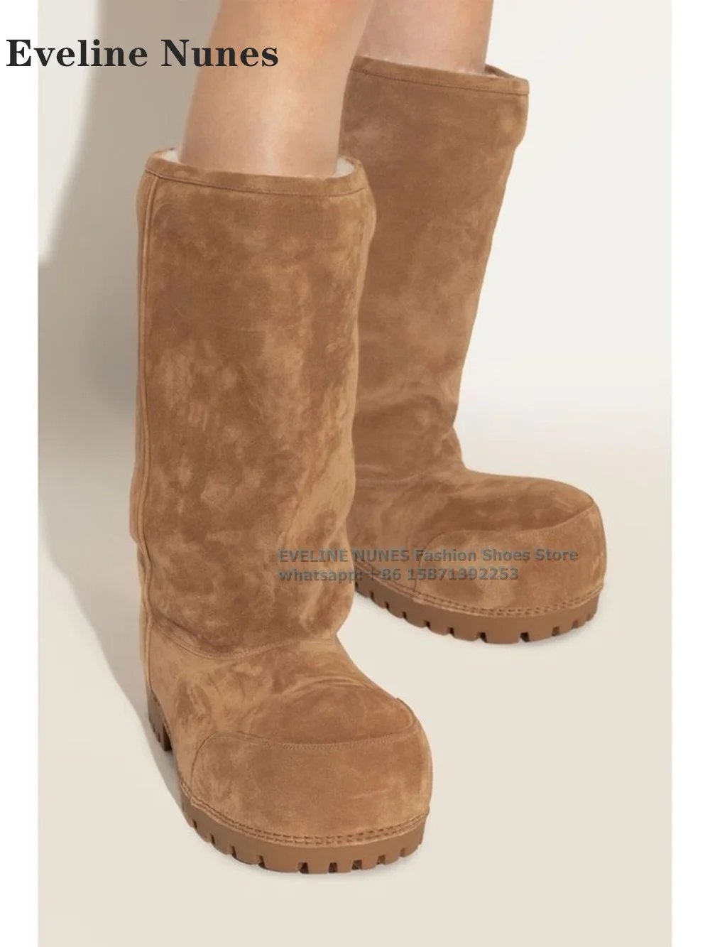 Brown Big Round Toe Fur Knee-High Boots Thick Sole Pull On Warm Winter Couple Plus Size Snow Boots 2024 New Arrivals Comfortable