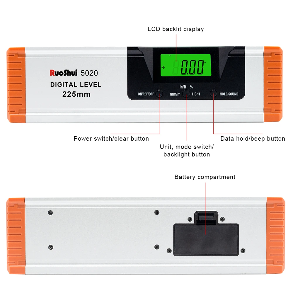 RuoShui Digital Protractor Angle Finder Inclinometer electronic Level 360 degree Aluminum Alloy Magnets Level Ruler 225mm