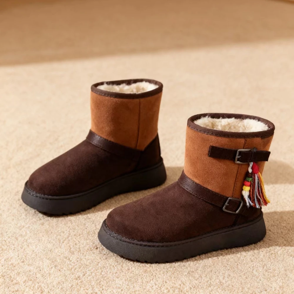 Botas de nieve para mujer, nueva moda de invierno, zapatos de diseñador con punta redonda, para caminar al aire libre, cómodos botines con hebilla de boca poco profunda