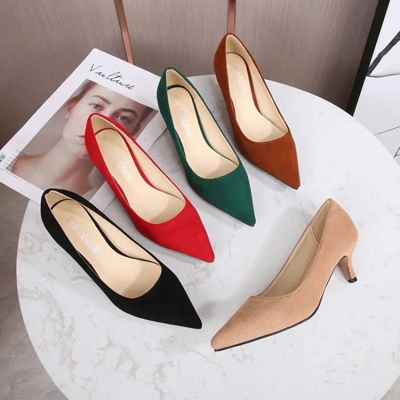 Low Heel Pumps Lady Pointed  Heels Female Green Flock Plus Size 46 Red Shoes 2023 Women 5cm High Heels Sexy Tacones Para Mujer