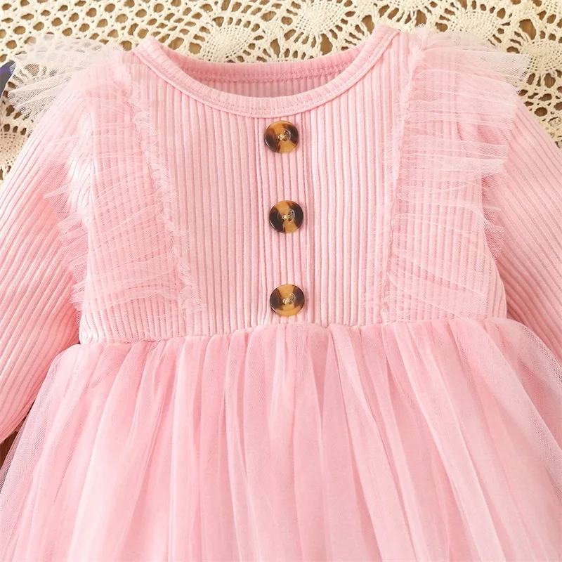 Kids Baby Girl Fall Dress Long Sleeve Dress Crew Neck Patchwork Tulle Dress Casual Toddler Clothes