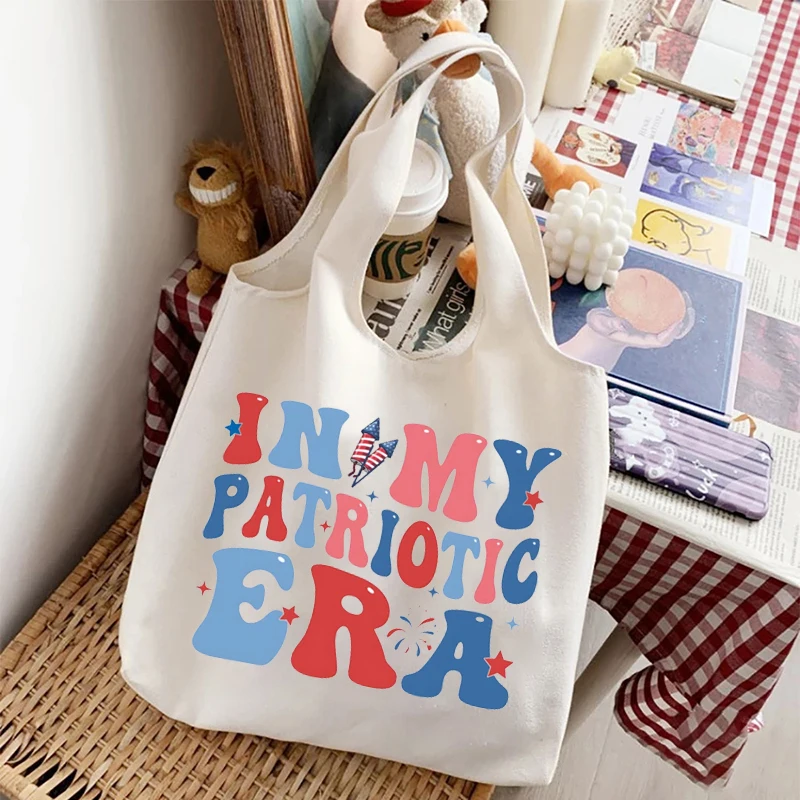 PATRIOTIC ERA Printed Storage Tote Bag Casual Retro Shoulder Bag Travel Sundries Organizer Eco-friendly Supermarket Shopping Bag