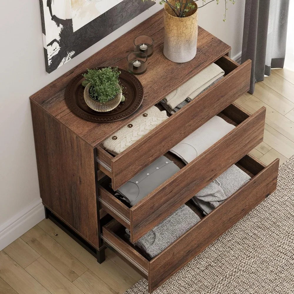 Cômoda moderna de madeira com 3 gavetas e base de metal para armazenamento de quarto e armário