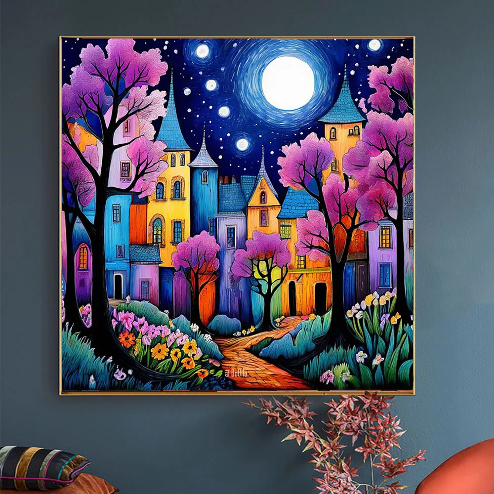 Handmade Landscape Tree Diamond Painting Set Oil Painting House Colorful Cross Embroidery Rhinestone Mosaic Designer Art Home