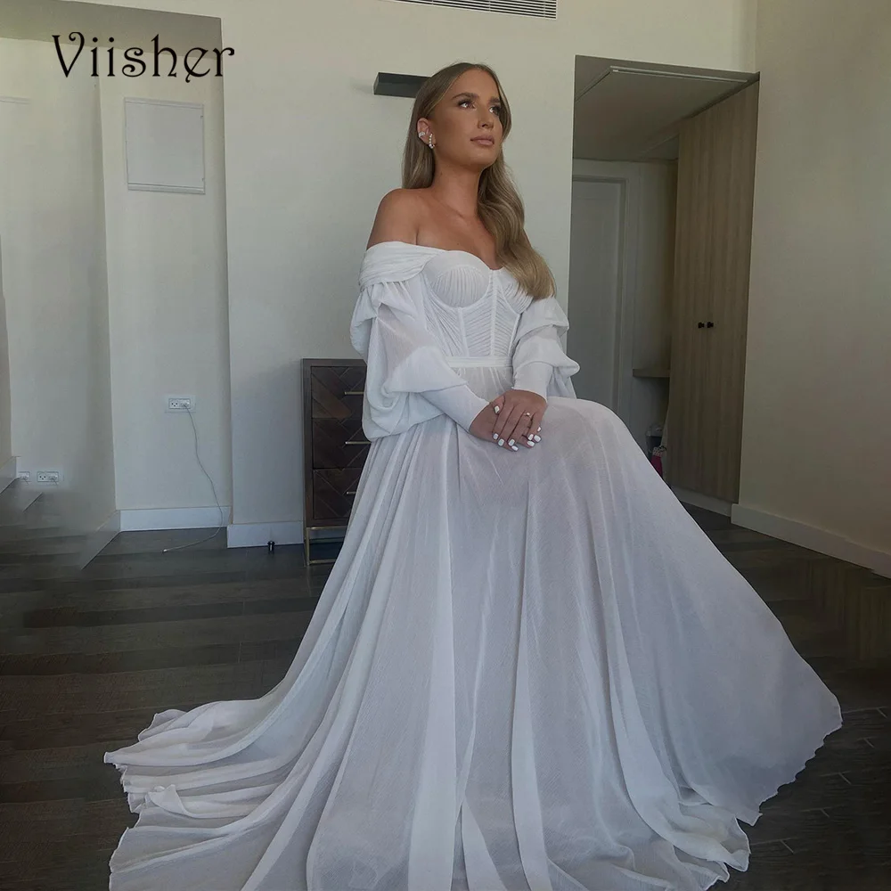 

Viisher White Off Shoulder A Line Wedding Dresses Simple Civil Wedding Bridesmaid Gowns for Woman Israel Beach Bridal Gowns