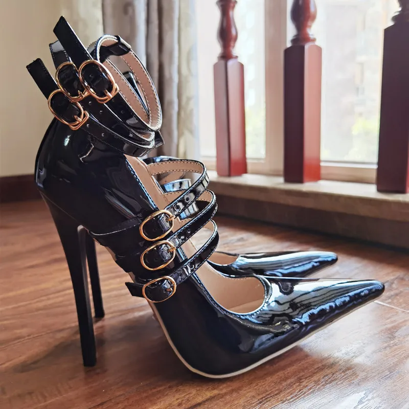 MKKHOU Fashion Pumps nuovi tacchi poco profondi a punta in pelle laccata di alta qualità 15cm tacchi alti fibbia alla caviglia scarpe moderne pazze