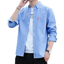 Men's Fashion Long Sleeve Solid Oxford Shirt Single Patch Pocket Simple Design Casual Standard-fit Button-down CollarWhite shirt