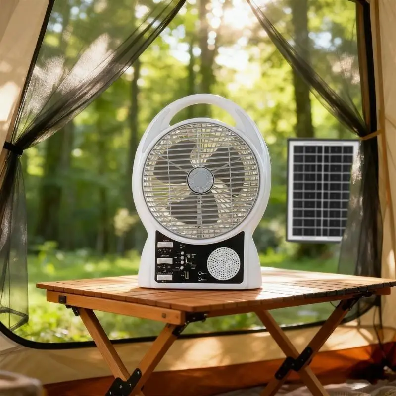 

D0AB Water Resistant Solar Radio Fan Outdoor Rechargeable Hard Wearing Refrigerating Structure With LCD Display For Camping