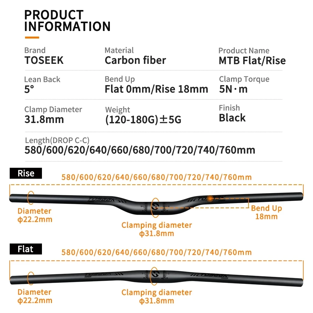 TOSEEK Black Matte Carbon Fiber Handlebar 31.8mm Bike MTB Handlebars Width 580/600/620/640/660/680/700/720/740/760mm