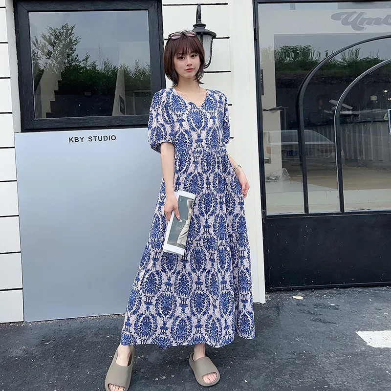 Boho Chic V Neck Floral Cotton Voile Dress Artsy Style Summer Dress with Pockets