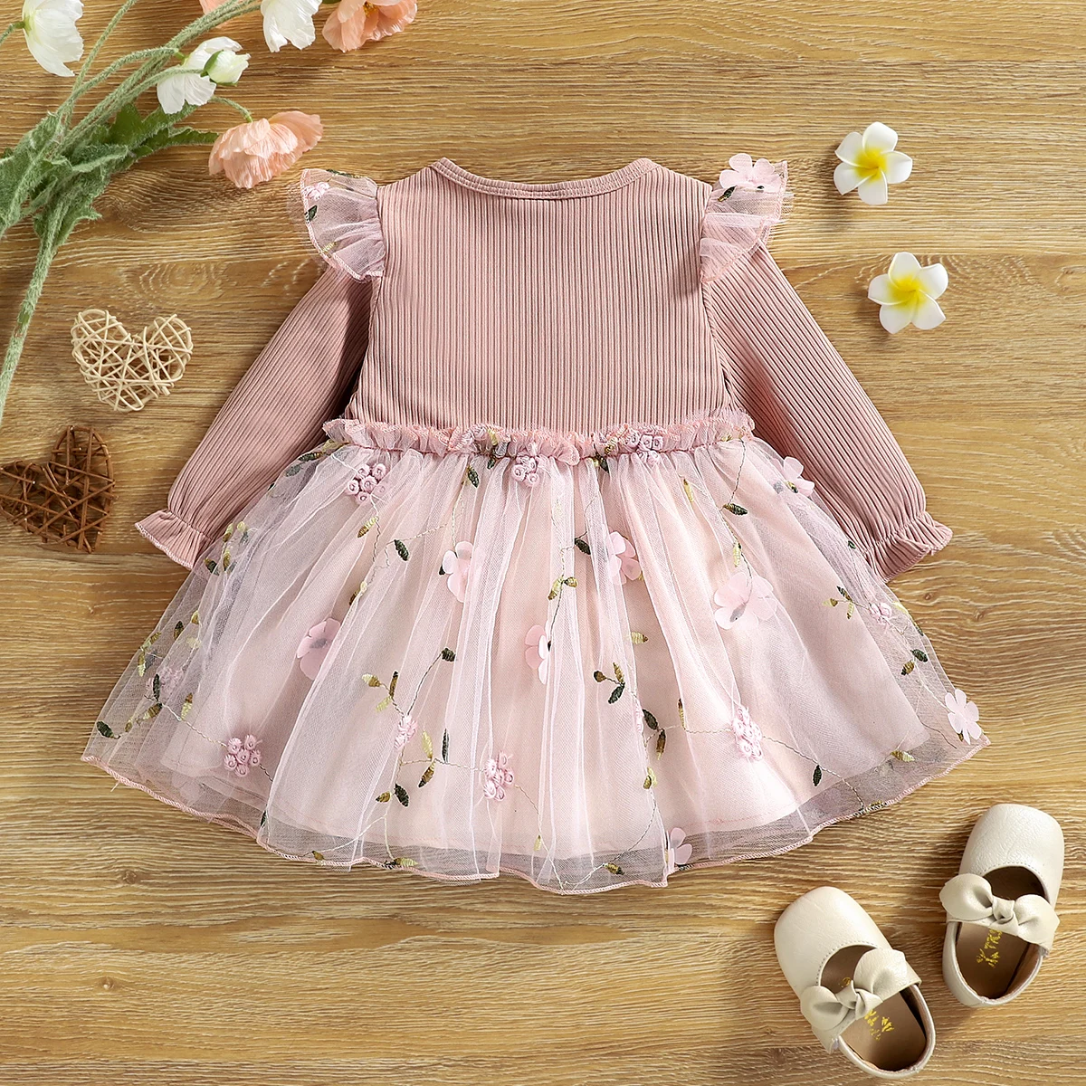 PatPat Baby Girl Pink Ribbed Long-sleeve Bowknot Floral Embroidered Mesh Dress