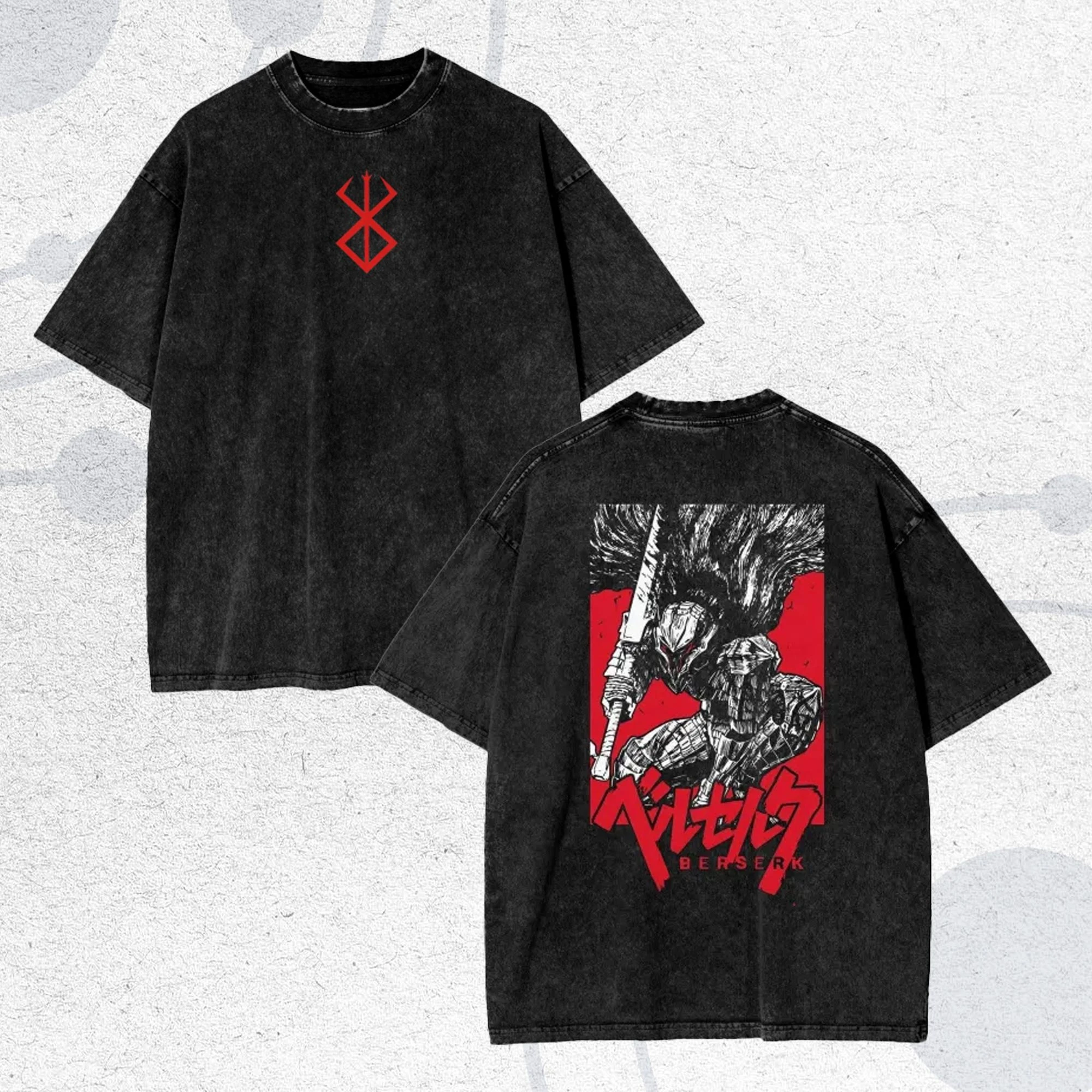 Berserk Anime Acid Washed Oversize T-Shirt Guts Anime Tee Gift For Him Summer Men's and Women's Loose and Breathable T-shirt Top