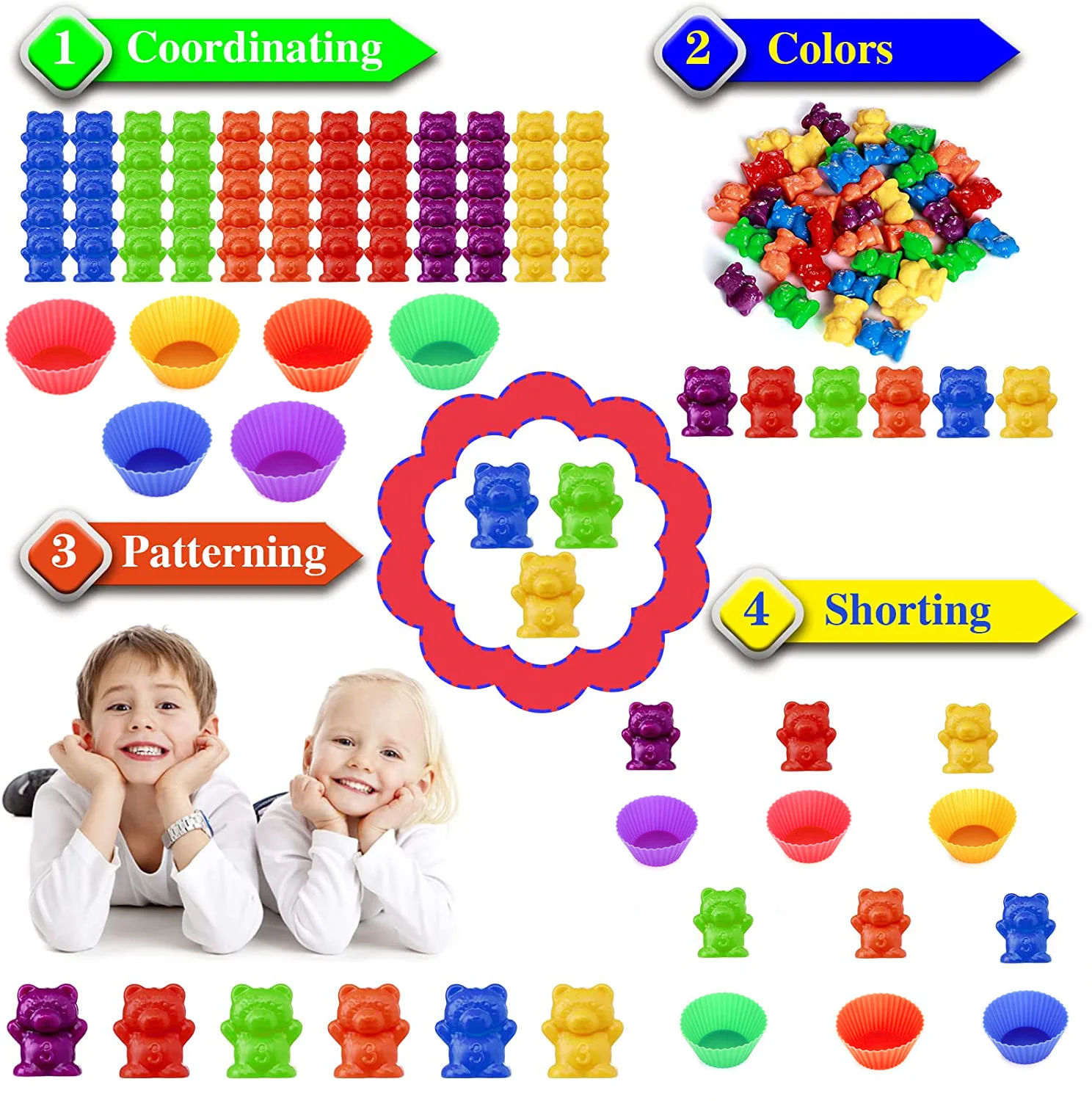 Jouets de genre ours arc-en-ciel Montessori avec tasse à empiler, jeu d'association, classification des documents, éducation précoce, avantages pour les contaminants, 18/36