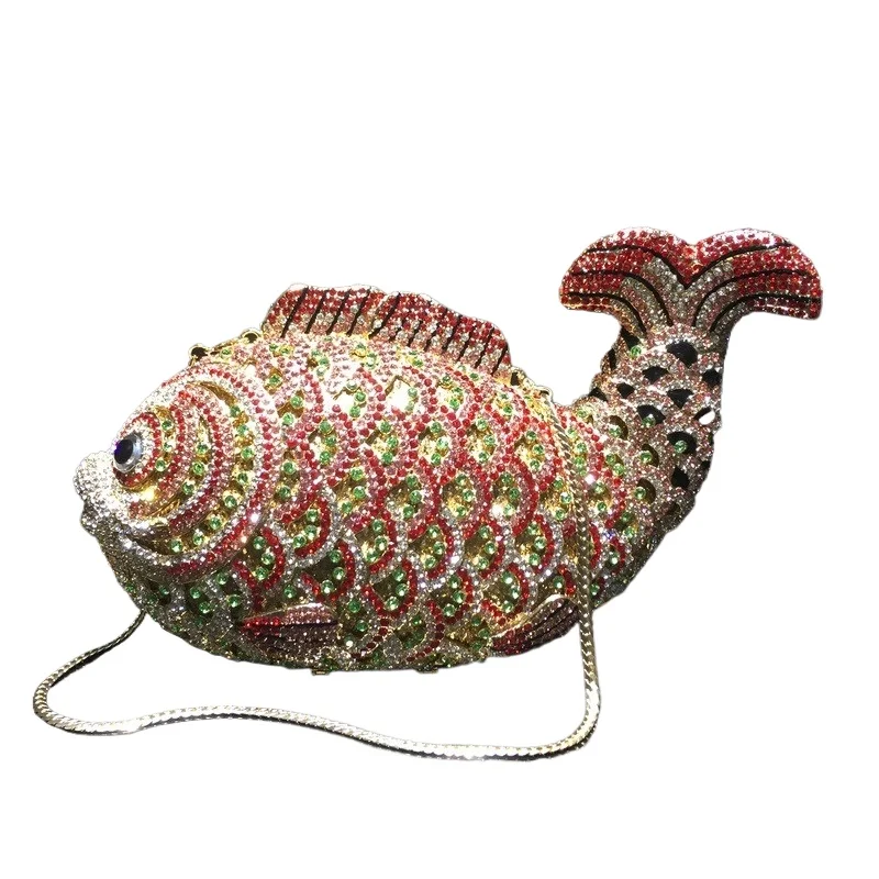

Вечерний клатч с инкрустацией стразами и кристаллами, ажурный металлический кошелек с дизайном золотой рыбки для женщин, для вечеринок и свадеб