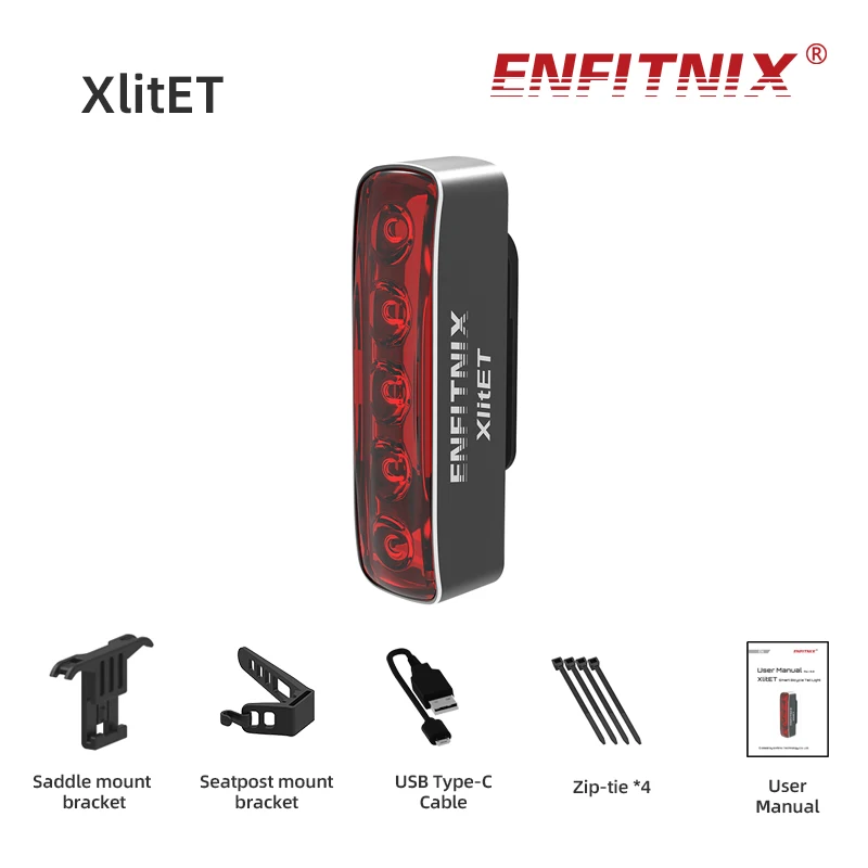 

Enfitnix XlitET Bicycle Taillights Auto Start/Stop Bike Rear Smart Taillight USB /Type C Charging WaterProof Brake Sensing Light