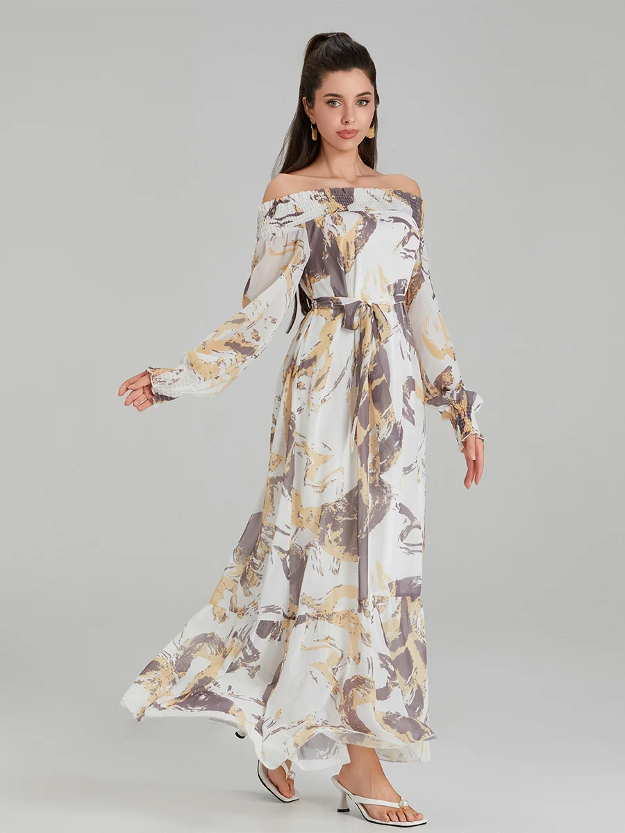 Women s Summer Belted Dress Off Shoulder Long Sleeve Abstract Print Long Dress Chiffon Dress