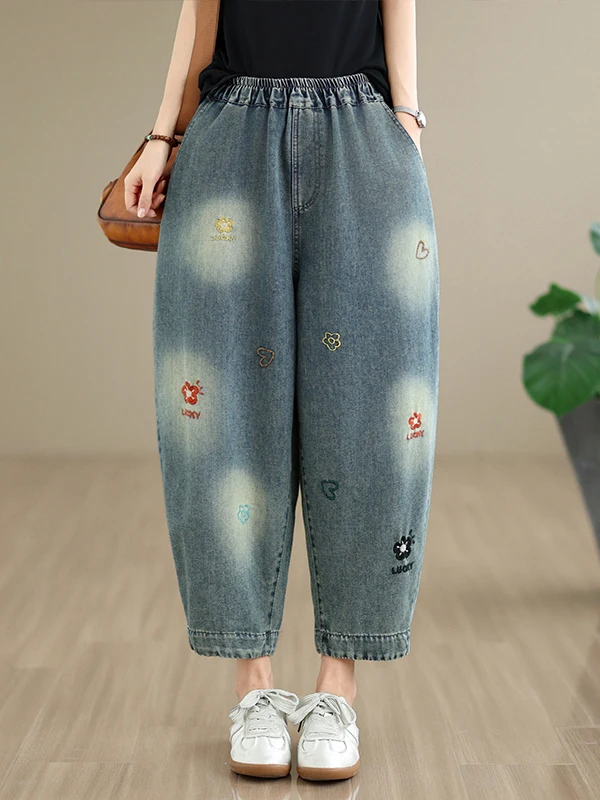 Authentic Summer 2026 Women's Casual Embroidered Distressed Denim High Waist Cotton 100% Vintage Look True to Size Blue Jeans