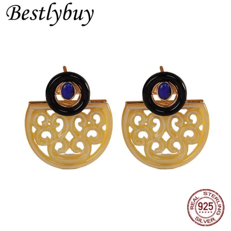 

Винтажные серьги из натурального лазурита S925, посеребренные белые ракушки, модные темпераментные французские украшения