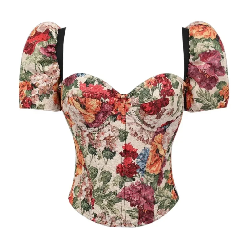 

Womens Oil Painting Fishbone Corset Top Vintage Side Zipper Summer Detachable Short Sleeved Bustiers