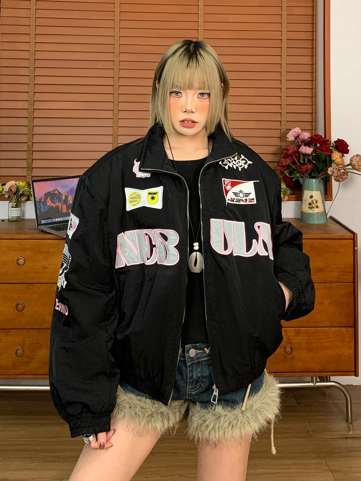 

Cool Girl American Street Racing Sle Embroidered Biker Jaet Women Loose Letter Print ort Coat Warm Cotton Long Sve Z...