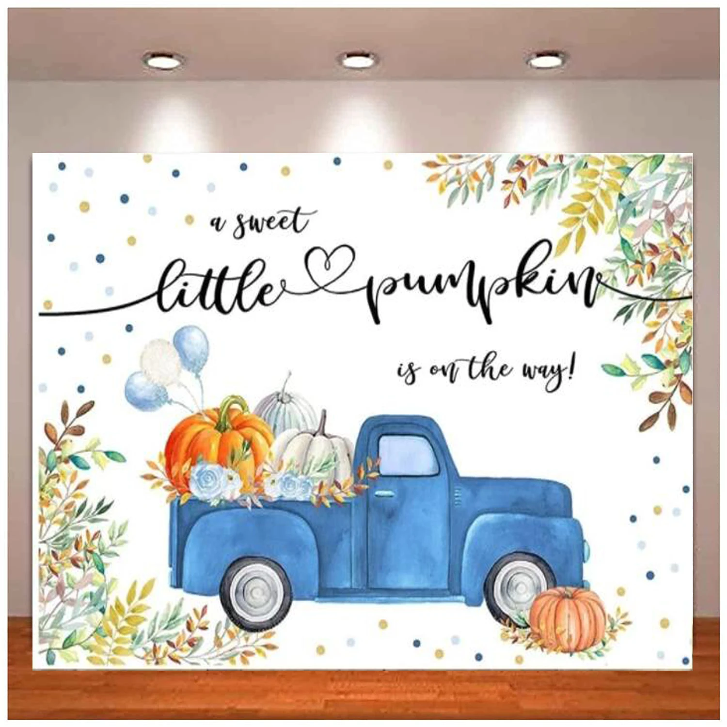 

Baby Shower Photography Backdrop A Sweet Pumpkin Is On The Way Newborn Background Blue Car Leaves Polka Dots Decoration