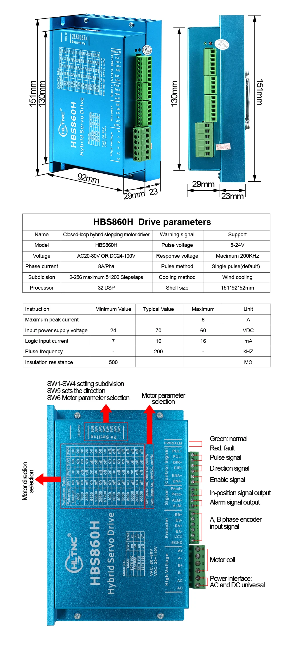 Ab sevk hibrid Servo sürücü HBS860H / HBS86H kapalı devre Motor sürücü VAC 18-70v VDC 24-100V Max akım 8A Motor kontrolörü