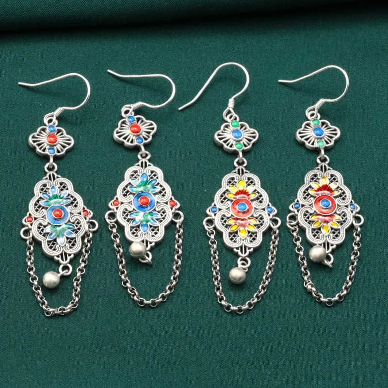 Langyan 925 Sterling Silver Enamel Small Flower Drop Earrings Jewelry Retro Ethnic Ruyi Long Tassel Earrings for Women EH258