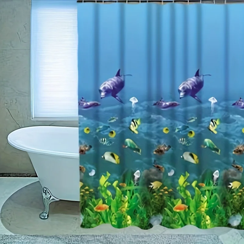 70gsm PEVA Ocean Theme Bathroom Liner with Fish Pattern - Water-Resistant, Easy Clean, Hookless Design, 12 Complimentary Hooks,