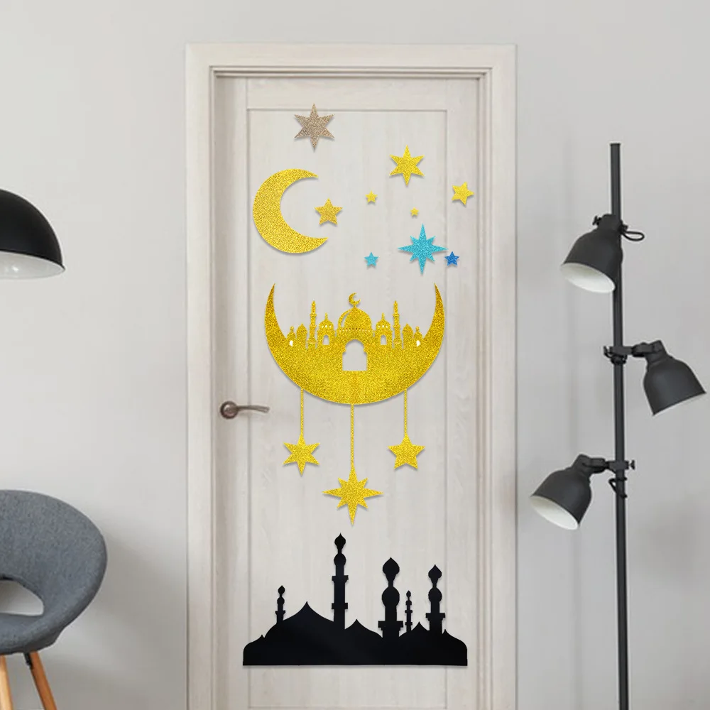 

Eid Mubarak Decorative Window Sticker Black Gold Star Moon DIY Door Sticker AL Adha Ramadan Kareem Paper Sticker Happy Eid Party