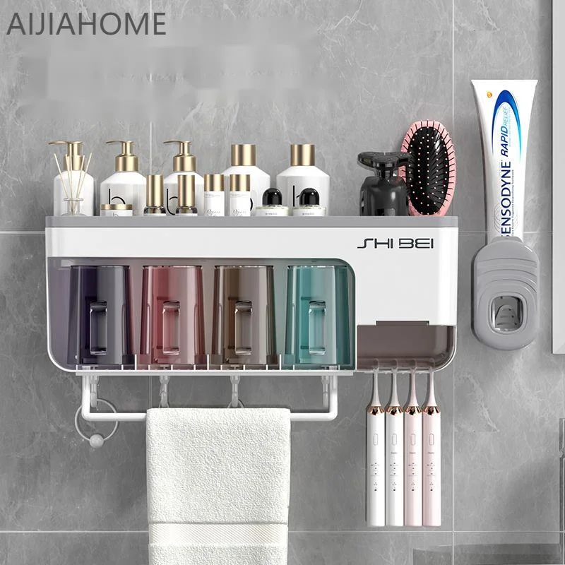

Toothbrush Tooth Cup Holder Towel Toiletry Storage Rack Wall Mounted Non Perforated Bathroom Washing Set Multifunctional Box