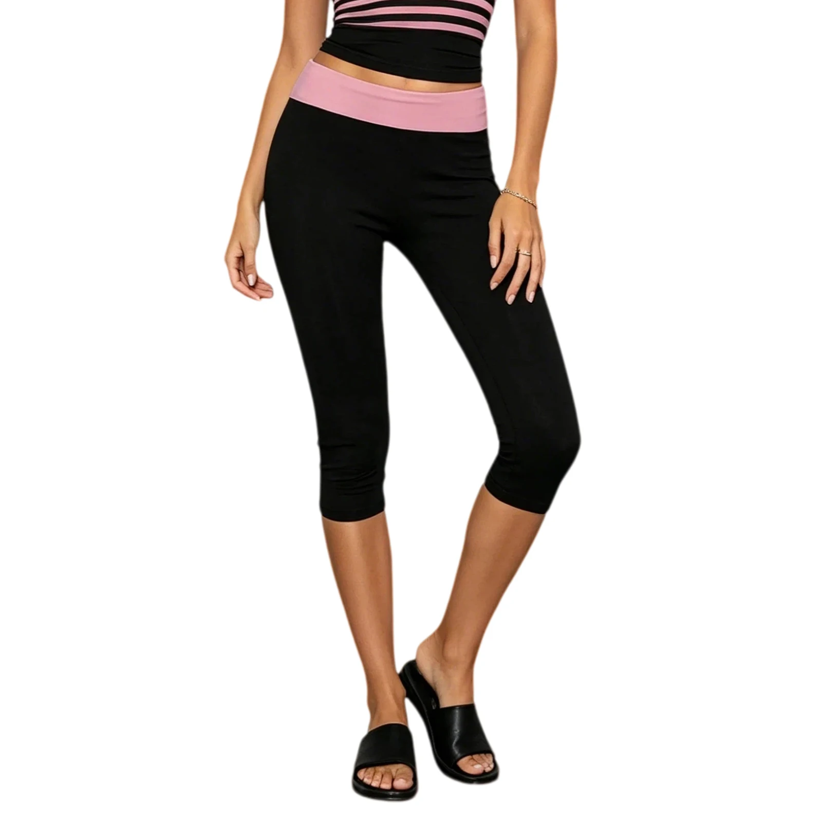 For Short-Tights High Rise Long Capri Pants Contrast Contrast Color Elastic Waist Cropped High Yoga Capri Pants Waist