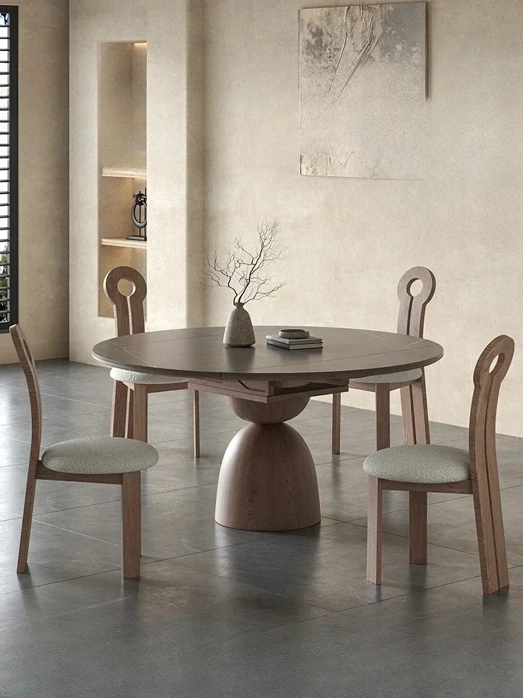 

Retractable dual-purpose round solid wood rock slab dining table and chair combination simple multi-functional dining table