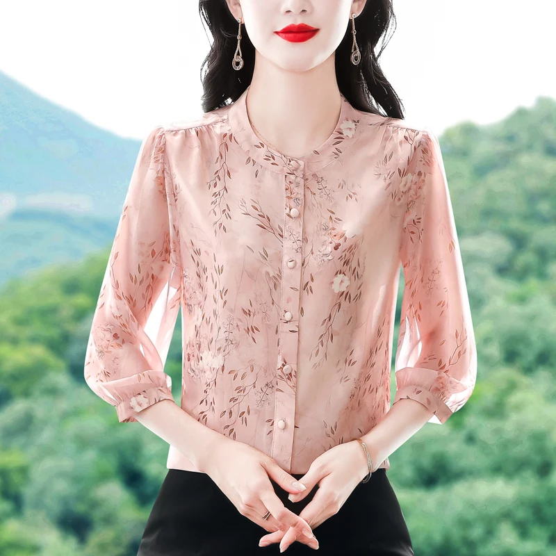 

Весенне-летняя женская шифоновая блузка, новая элегантная модная розовая рубашка с цветочным принтом, воротник-стойка, рукав 3/4, повседневный топ