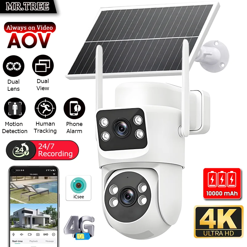 

AOV Home Surveillance Solar Camera Dual Lens Outdoor 4G SIM PTZ Auto Tracking 7/24 Record 8MP Security Night Vision CCTV IP Cam