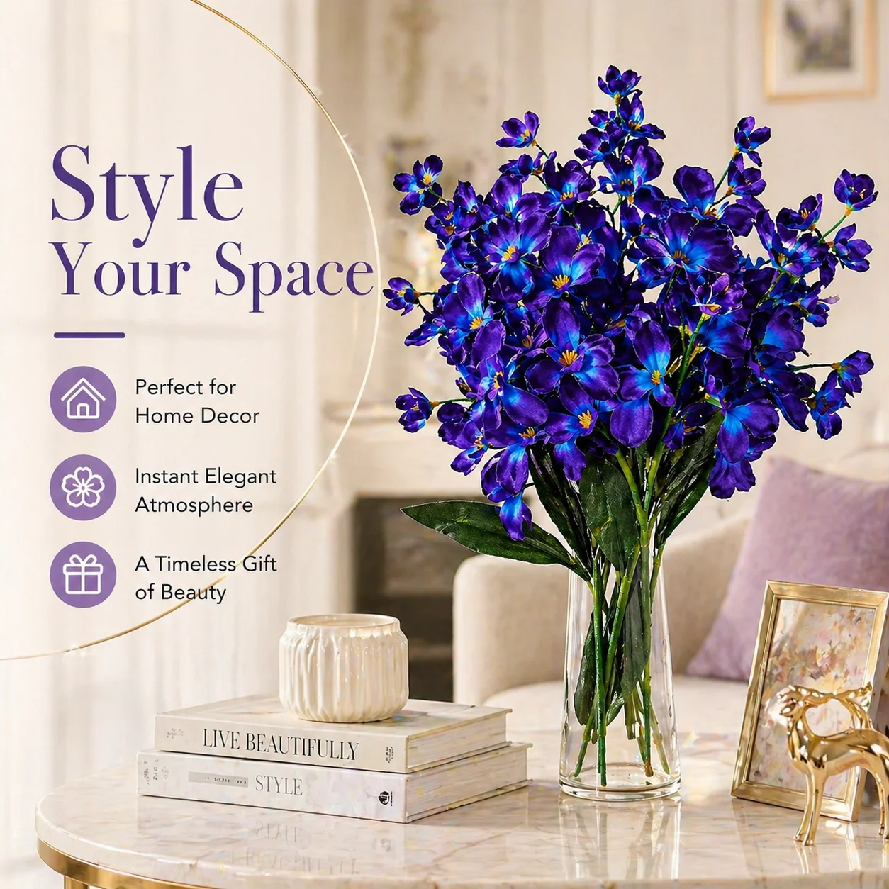 5 Stück 27 Zoll große lila-blaue künstliche Orchideenblüten für Hochzeitssträuße, Heim- und Restaurantdekoration – Detail 1