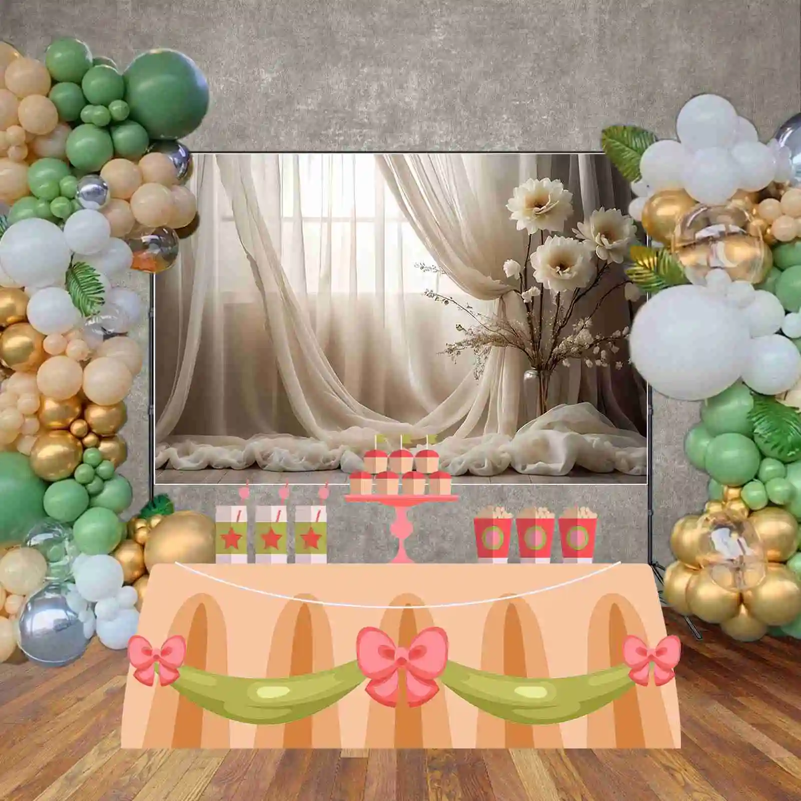MOON.QG Women Portrait Bohemian Style Background Flower Drapes Curtain Backdrop Customized Party Decoration Photocall Supplies