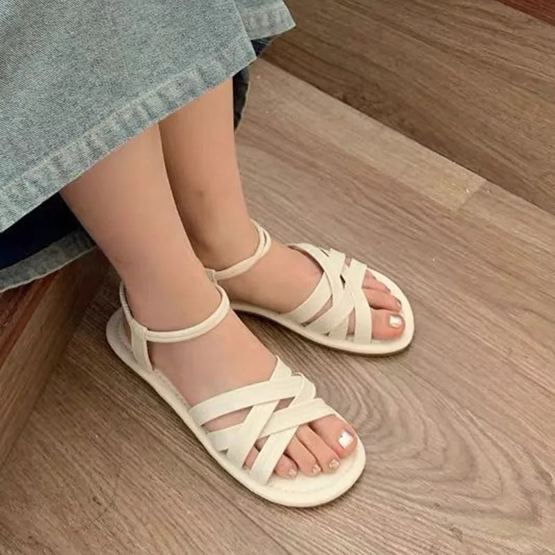 Women\'s Summer Sandals Ankle Strap Flats Shoes for Women Cross Strap Sandalias Mujer Casual Female Solid Slip on Flat Sandales