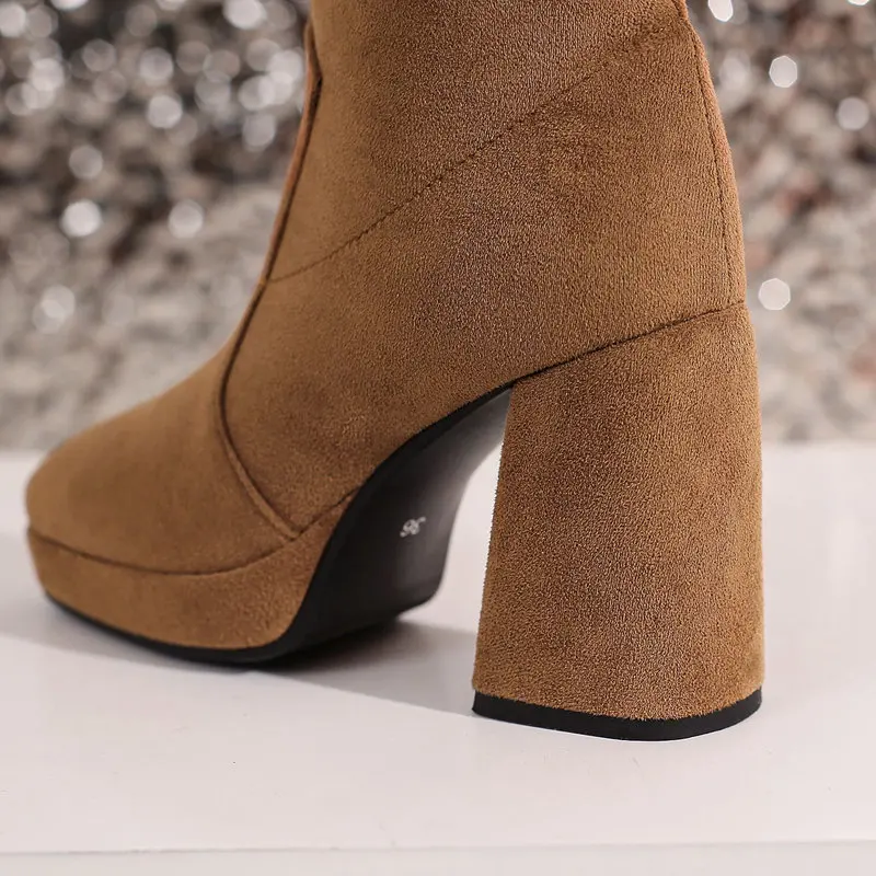 REAVE CAT Women Knee High Boots Flock Suede Round Toe Block Heels 9cm Platform 2cm Slip On 45 46 47 Concise Daily Female Booties